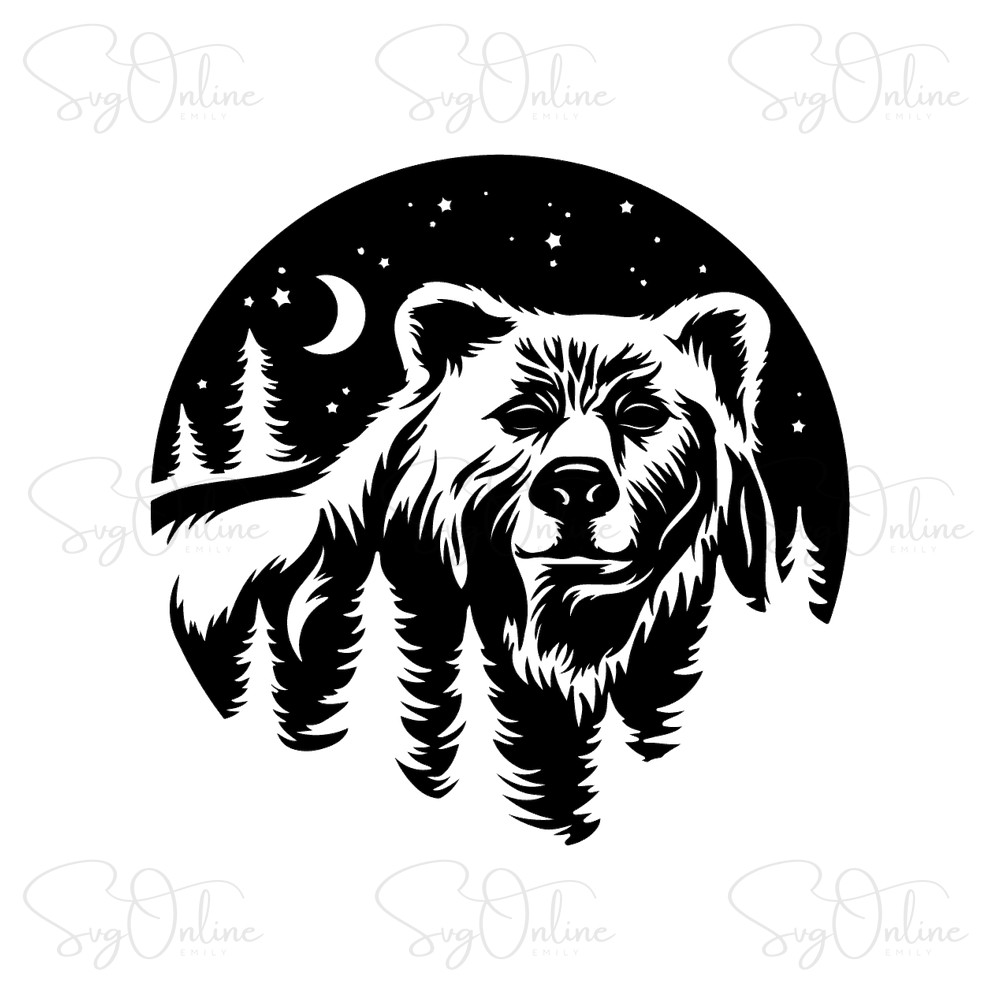 bear and moon scene svg pine trees grizzly bear silhouette free download - Free SVG