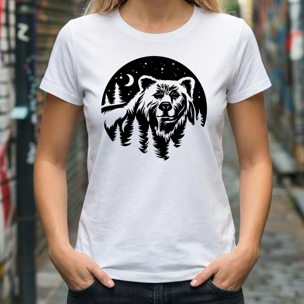 bear moon pine trees svg design on tee shirt mockup - Free SVG