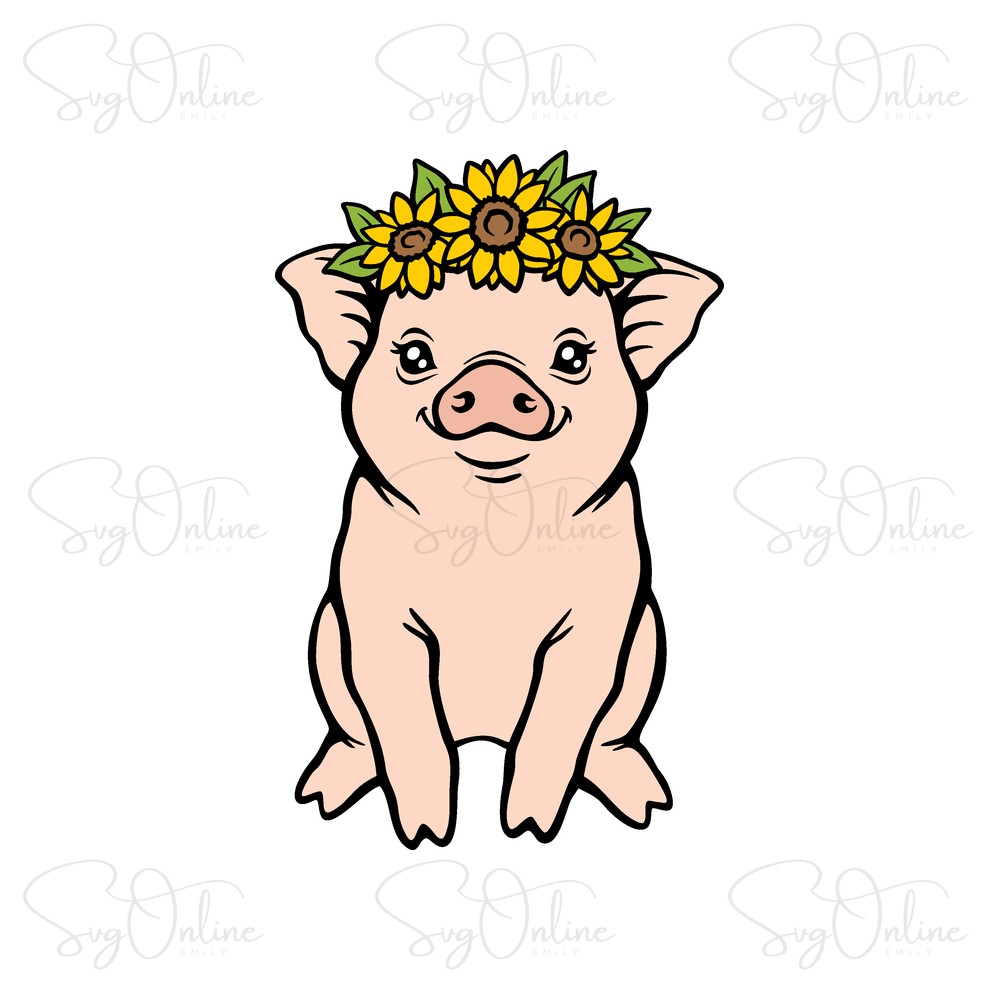 cute pig with sunflower svg free download - Free SVG