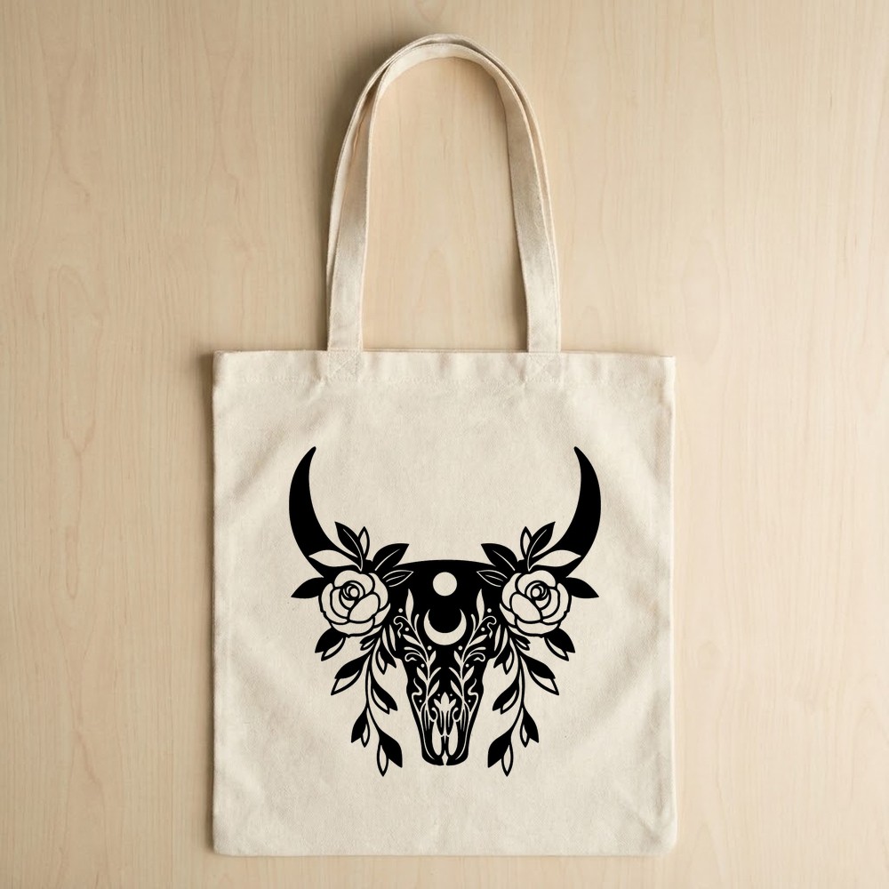 floral cow skull svg tote bag mockup - Free SVG