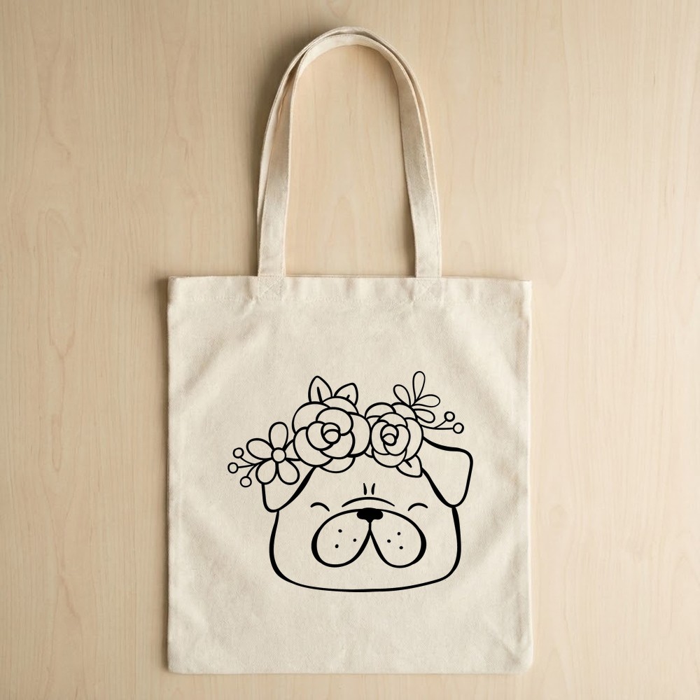 flower pug svg design on tote bag mockup - Free SVG