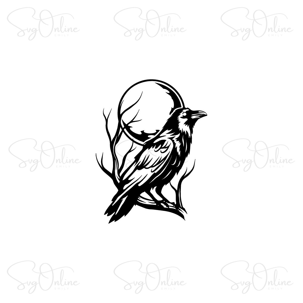 raven full moon svg crow on branch free download - Free SVG